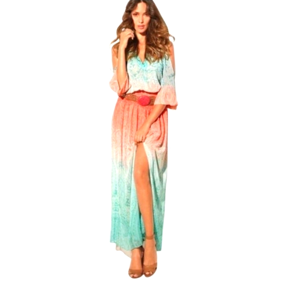 Boston Proper Ombre Paisley Multi Cold Shoulder Maxi Dress Size 8